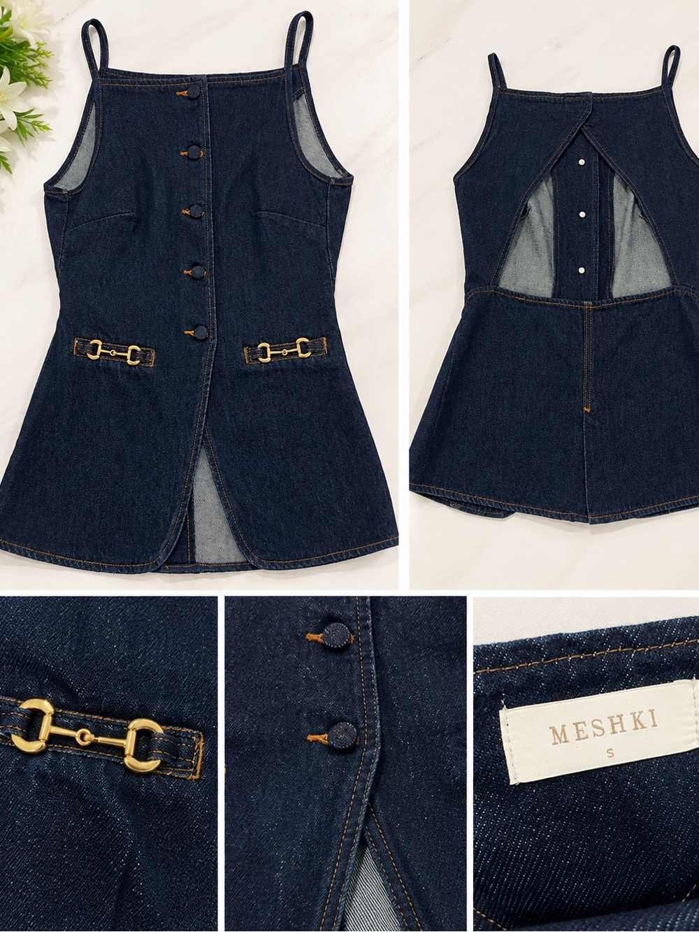Meshki Dark Blue Denim Mini Dress with Gold Hardware
